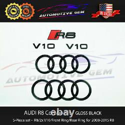 AUDI R8 Emblème NOIR BRILLANT Capot Tronc Anneau V10 Logo Badge Kit Set